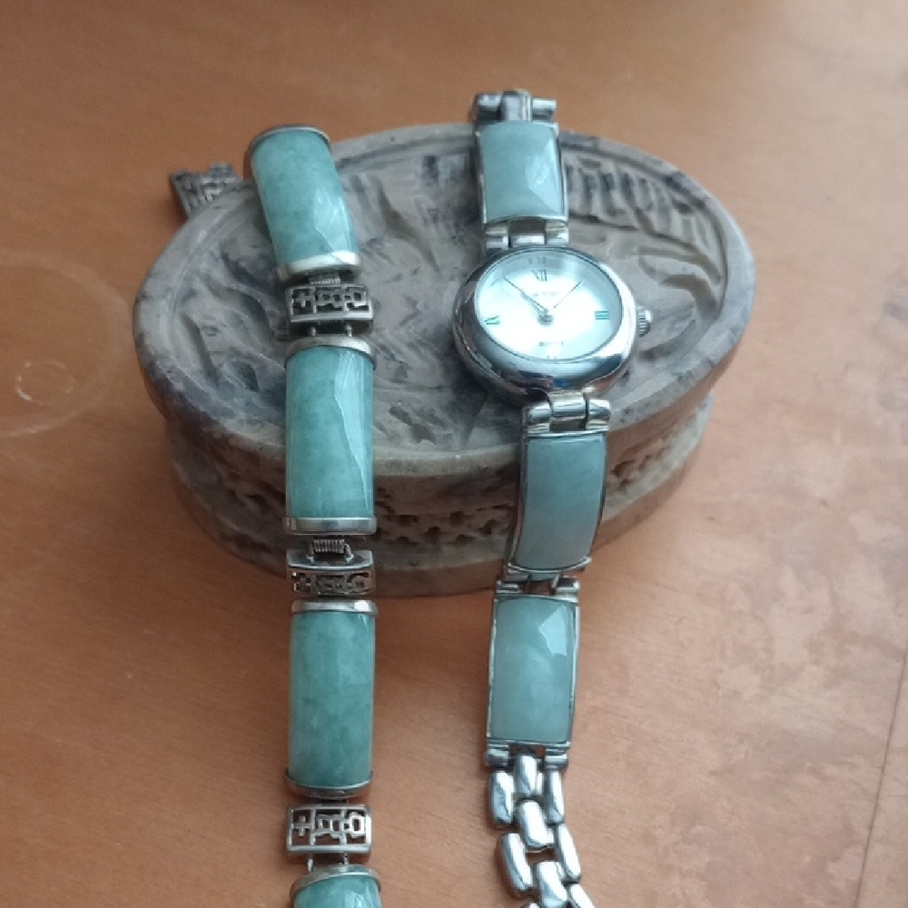 Jade And Sterling Silver Watch & Bracelet Set